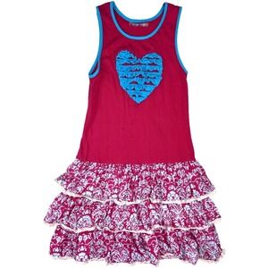 Jelly The Pug Sleeveless Sz 14 Heart Girls Dress Tiered Aqua Pink Tank EUC